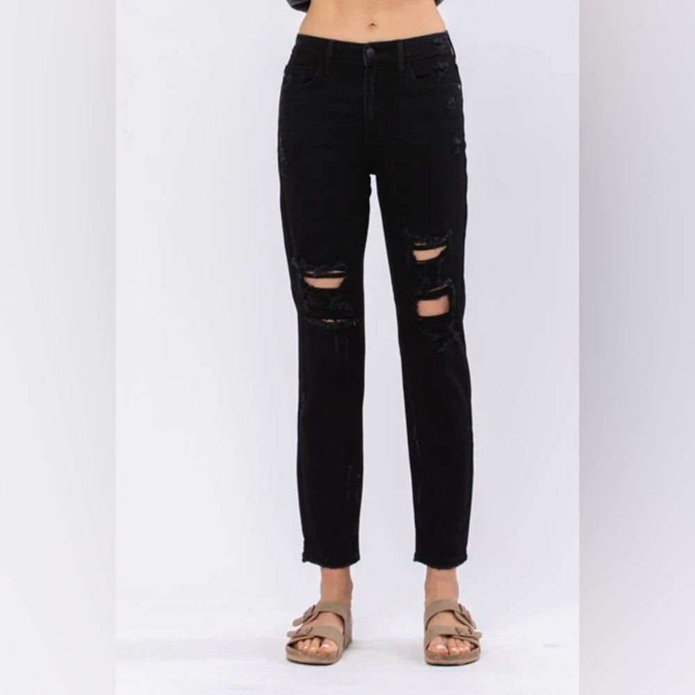 Judy Blue Black Hi-Waist Destroyed Boyfriend Denim Jeans 82161 size 13/31